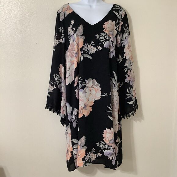 Black Floral Dark Cottagecore Witchy Whimsigoth Peasant Boho Midi Dress 1X - Picture 1 of 8
